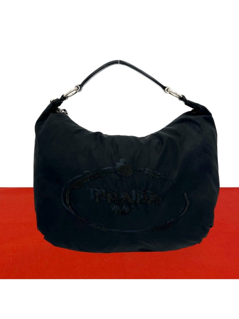 Prada Logo Embroidery Pocono Tessuto Nylon Leather Shoulder Bag Black